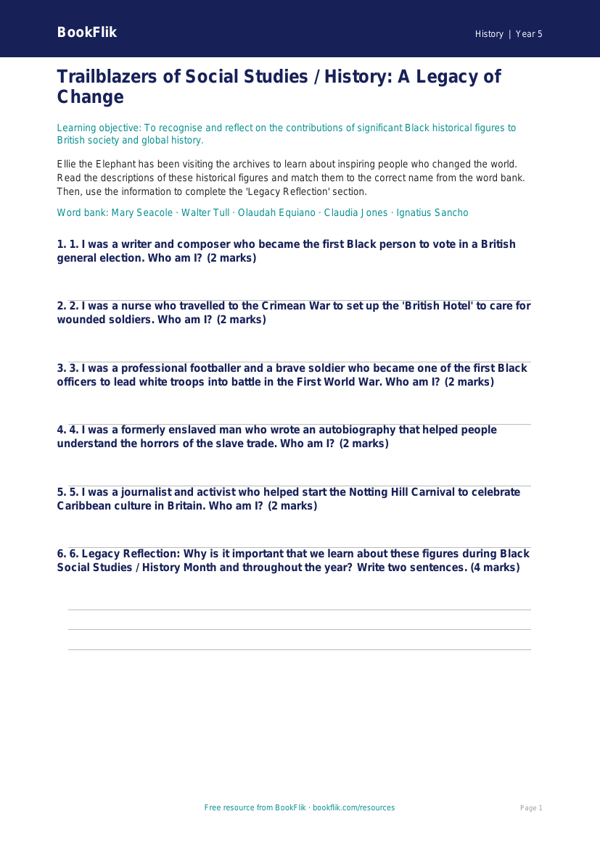 Free Black History Month Activity Sheet | Class 5 | Social Studies / History | BookFlik worksheet preview — History Black History Month