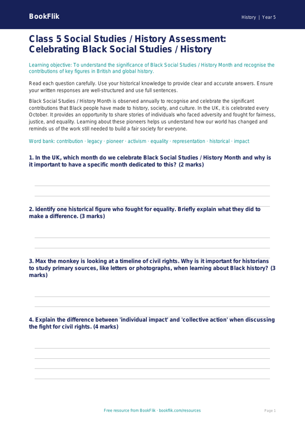 Free Black History Month Assessment | Class 5 | Social Studies / History | BookFlik worksheet preview — History Black History Month