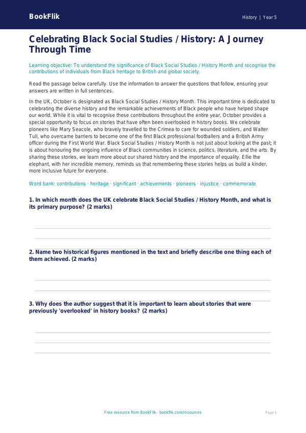 Free Black History Month Comprehension | Class 5 | Social Studies / History | BookFlik worksheet preview — History Black History Month