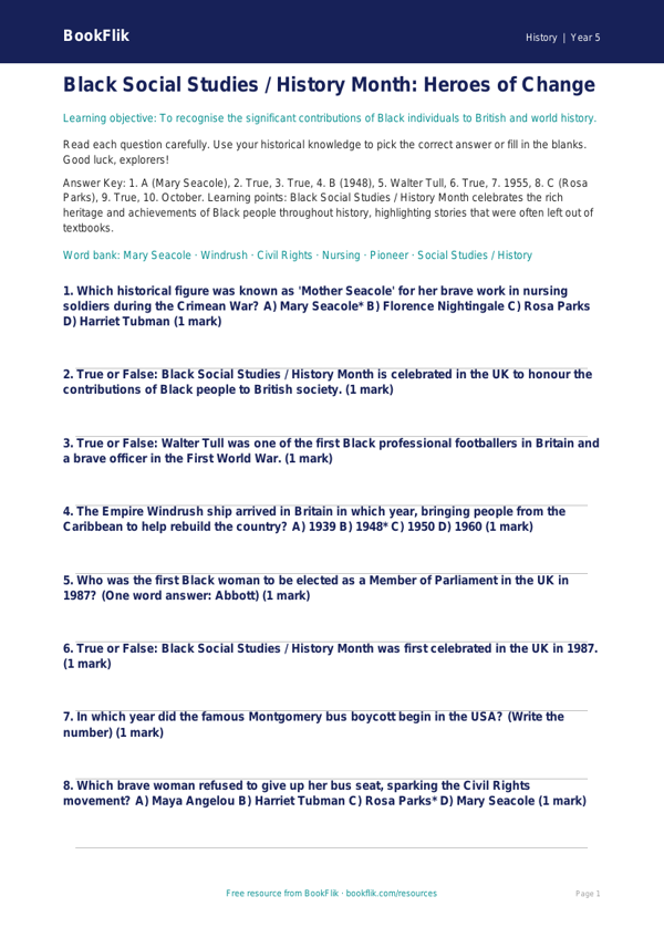 Free Black History Month Quiz | Class 5 | Social Studies / History | BookFlik worksheet preview — History Black History Month