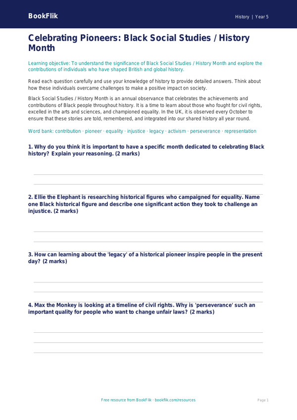 Free Black History Month Worksheet | Class 5 | Social Studies / History | BookFlik worksheet preview — History Black History Month