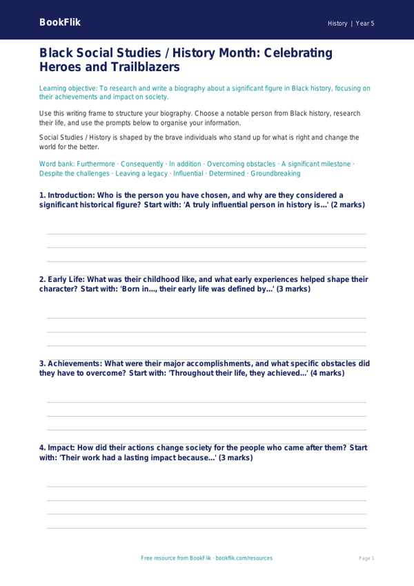 Black History Month Writing Frame for Class 5 | CBSE Social Studies worksheet preview — History Black History Month