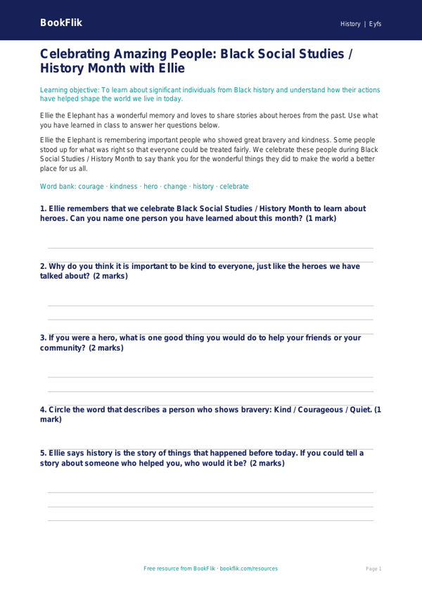Free Black History Month Worksheet | Nursery / LKG | Social Studies / History | BookFlik worksheet preview — History Black History Month