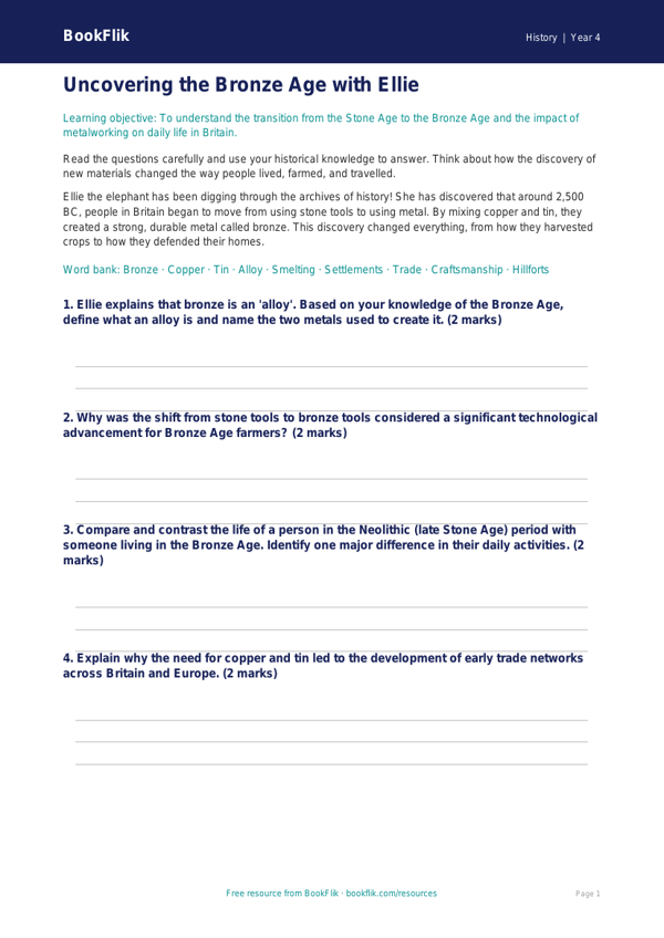 Social Studies / History bronze age worksheet class 4 greater depth worksheet preview — History Bronze Age