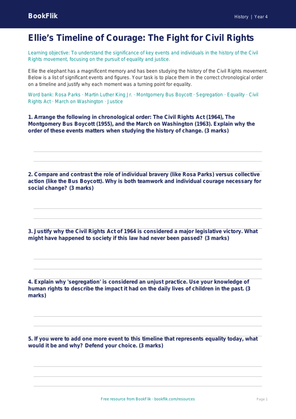 Social Studies / History civil rights activity sheet class 4 greater depth worksheet preview — History Civil Rights
