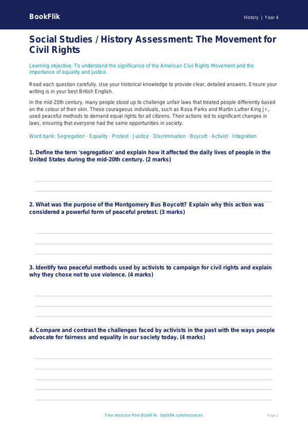 Free Civil Rights Assessment | Class 4 | Social Studies / History | BookFlik worksheet preview — History Civil Rights