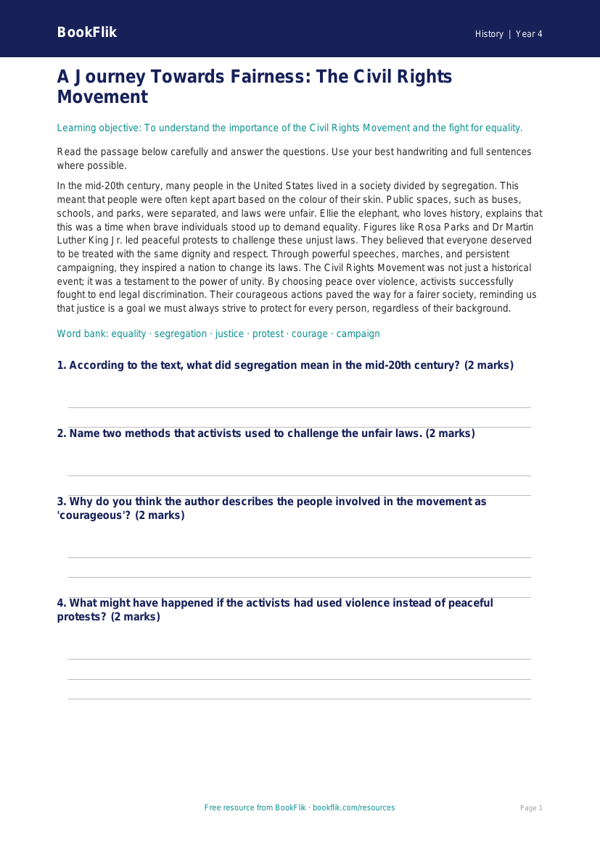Social Studies / History civil rights comprehension class 4 greater depth worksheet preview — History Civil Rights