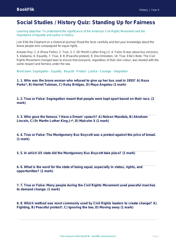 Free Civil Rights Quiz | Class 4 | Social Studies / History | BookFlik worksheet preview — History Civil Rights