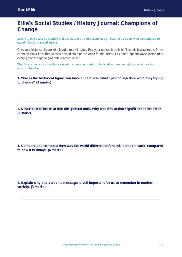Free Civil Rights Template | Class 4 | Social Studies / History | BookFlik worksheet preview — History Civil Rights