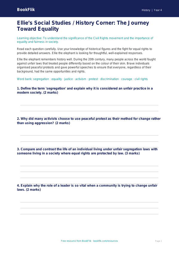 Social Studies / History civil rights worksheet class 4 greater depth worksheet preview — History Civil Rights