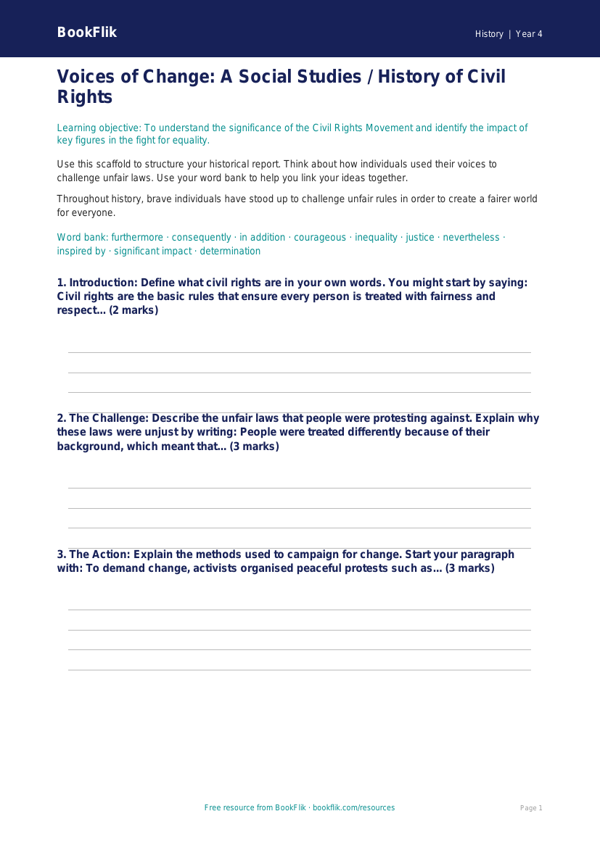 Free Civil Rights Writing Frame | Class 4 | Social Studies / History | BookFlik worksheet preview — History Civil Rights