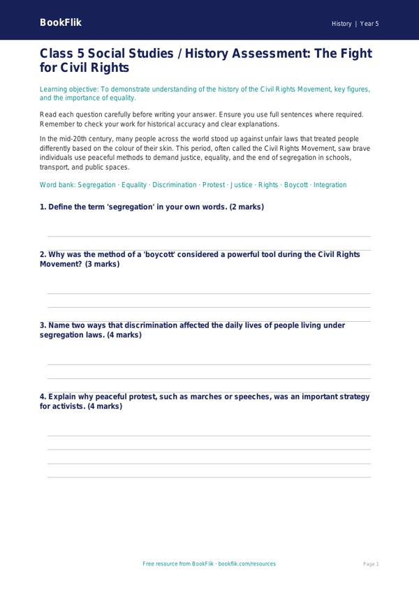 Free Civil Rights Assessment | Class 5 | Social Studies / History | BookFlik worksheet preview — History Civil Rights