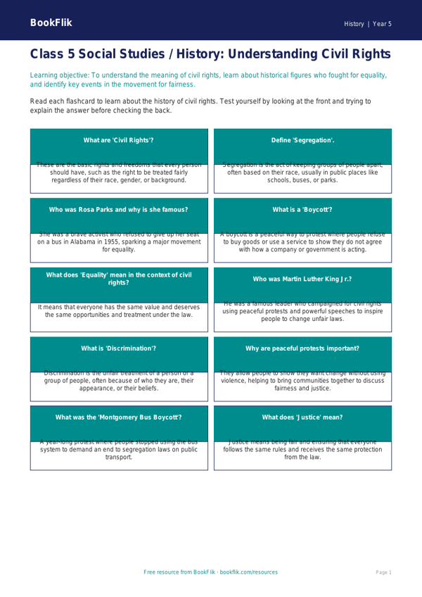 Civil Rights and Equality: Class 5 Social Studies Worksheet | BookFlik worksheet preview — History Civil Rights