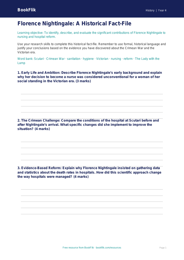 Free Florence Nightingale Template | Class 4 | Social Studies / History | BookFlik worksheet preview — History Florence Nightingale