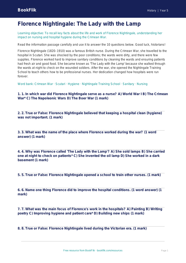Free Florence Nightingale Quiz | Class 5 | Social Studies / History | BookFlik worksheet preview — History Florence Nightingale