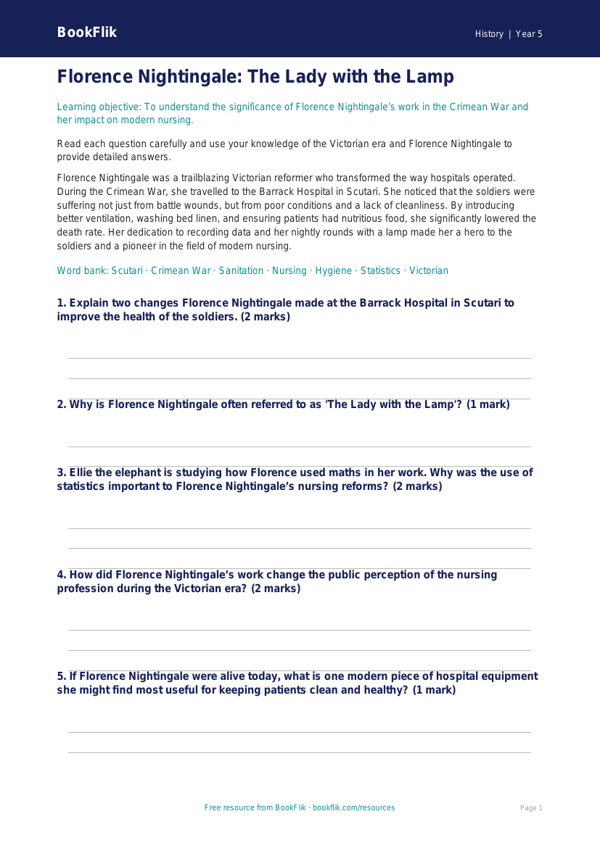Free Florence Nightingale Worksheet | Class 5 | Social Studies / History | BookFlik worksheet preview — History Florence Nightingale