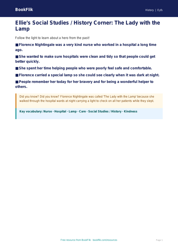 Free Florence Nightingale Poster | Nursery / LKG | Social Studies / History | BookFlik worksheet preview — History Florence Nightingale