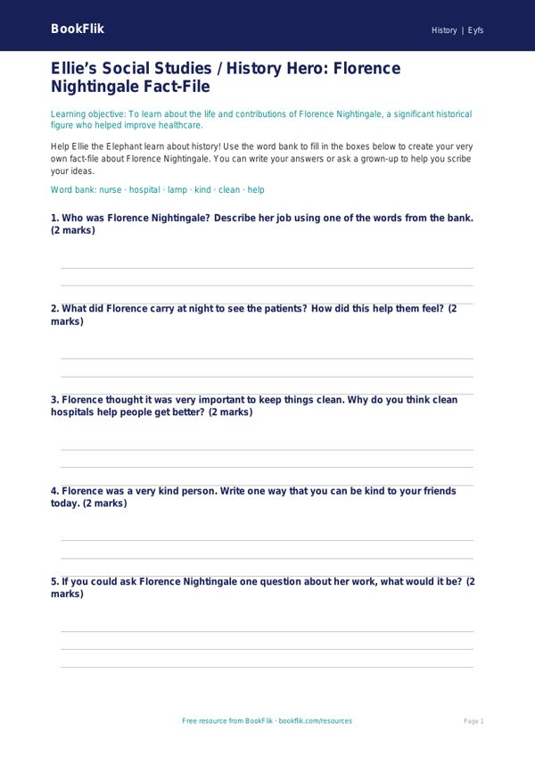 Free Florence Nightingale Template | Nursery / LKG | Social Studies / History | BookFlik worksheet preview — History Florence Nightingale