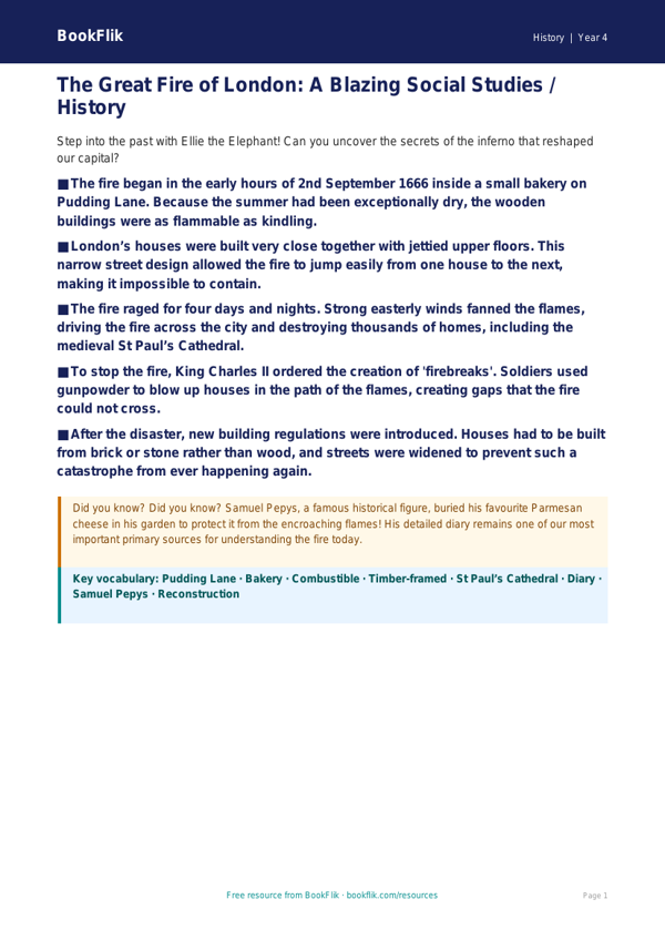 Great Fire of London Poster for Class 4 | CBSE History Resource | BookFlik worksheet preview — History Great Fire Of London