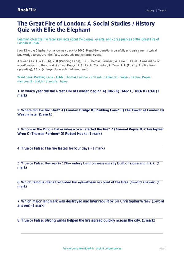 Free Great Fire of London Quiz | Class 4 | Social Studies / History | BookFlik worksheet preview — History Great Fire Of London