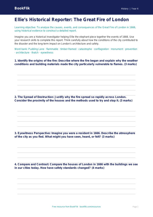 Great Fire of London Worksheet for Class 4 | CBSE History Resources worksheet preview — History Great Fire Of London