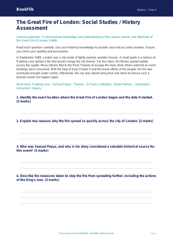 Free Great Fire Of London Assessment | Class 5 | Social Studies / History | BookFlik worksheet preview — History Great Fire Of London