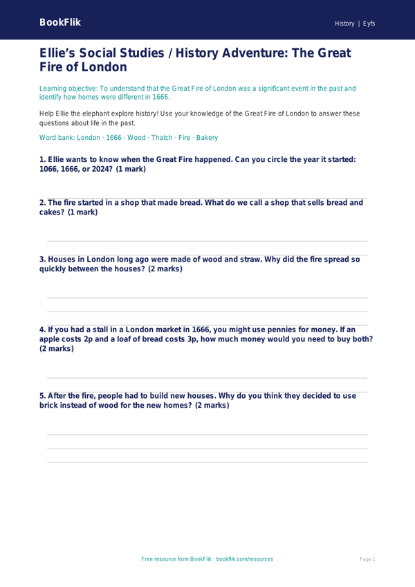 Free Great Fire Of London Worksheet | Nursery / LKG | Social Studies / History | BookFlik worksheet preview — History Great Fire Of London