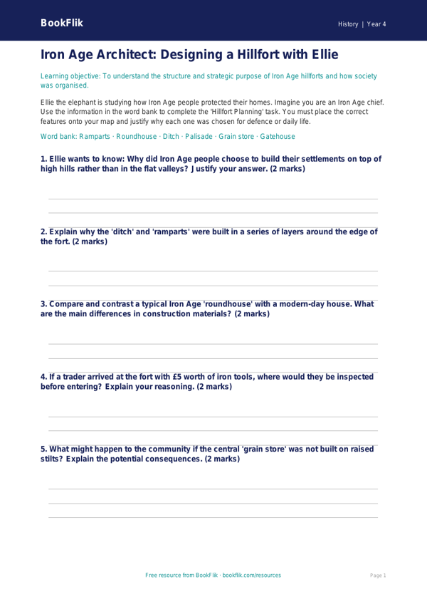 Social Studies / History iron age activity sheet class 4 greater depth worksheet preview — History Iron Age
