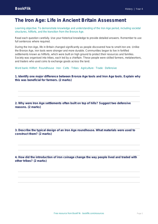 Free Iron Age Assessment | Class 4 | Social Studies / History | BookFlik worksheet preview — History Iron Age