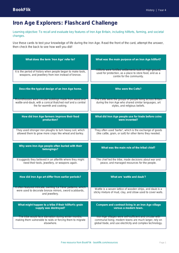Free Iron Age Flashcards | Class 4 | Social Studies / History | BookFlik worksheet preview — History Iron Age