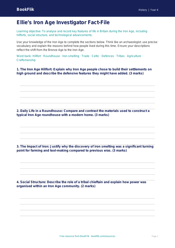Social Studies / History iron age template class 4 greater depth worksheet preview — History Iron Age