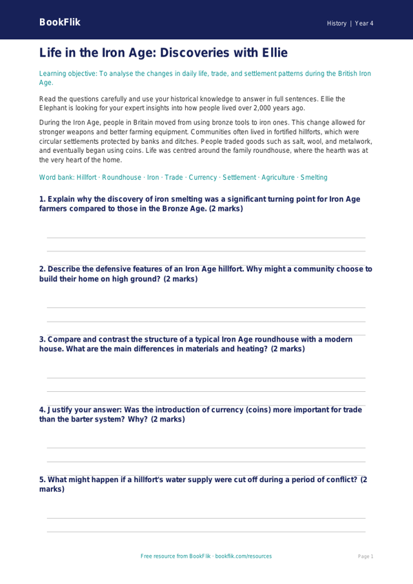 Free Iron Age Worksheet | Class 4 | Social Studies / History | BookFlik worksheet preview — History Iron Age