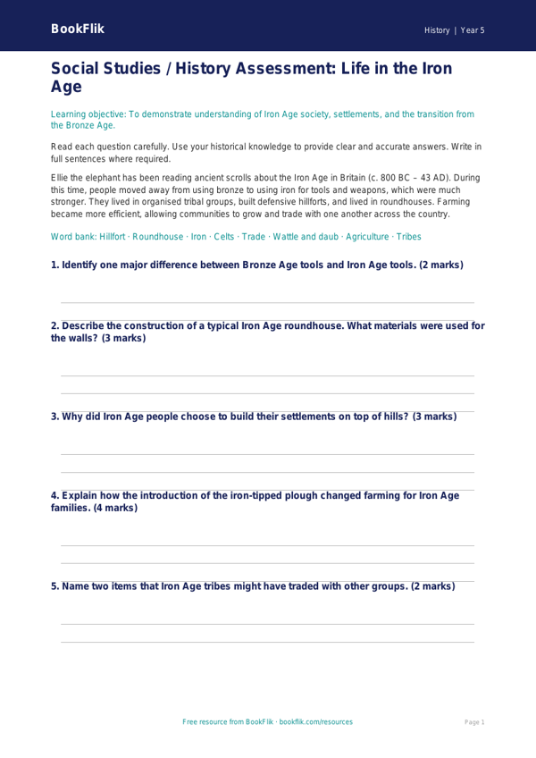 Free Iron Age Assessment | Class 5 | Social Studies / History | BookFlik worksheet preview — History Iron Age