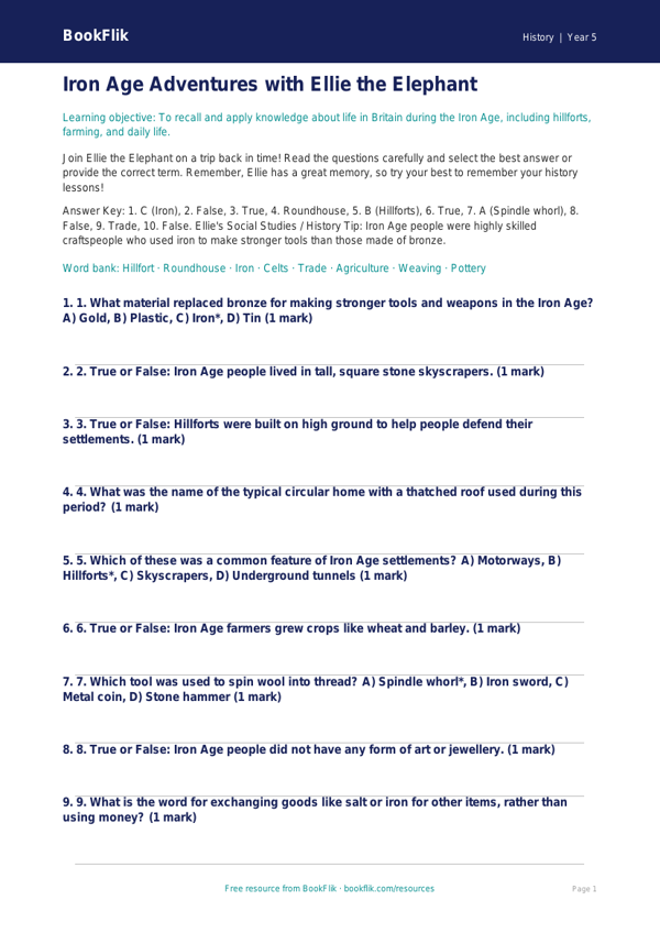 Free Iron Age Quiz | Class 5 | Social Studies / History | BookFlik worksheet preview — History Iron Age