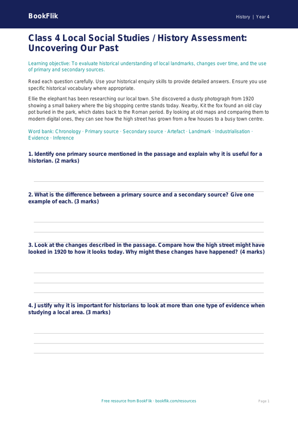 Social Studies / History local history assessment class 4 greater depth worksheet preview — History Local History