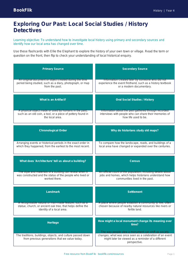 Free Local History Flashcards | Class 4 | Social Studies / History | BookFlik worksheet preview — History Local History
