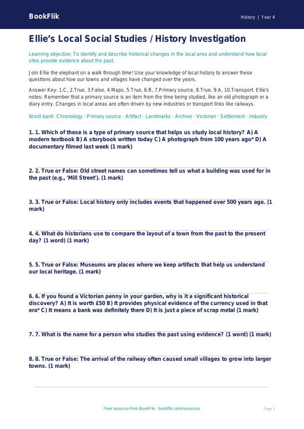 Free Local History Quiz | Class 4 | Social Studies / History | BookFlik worksheet preview — History Local History