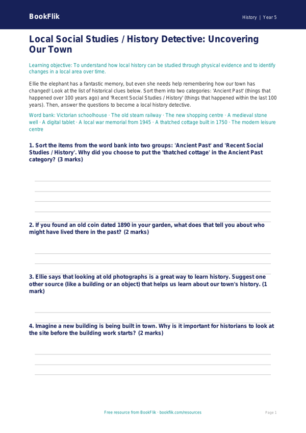 Free Local History Activity Sheet | Class 5 | Social Studies / History | BookFlik worksheet preview — History Local History