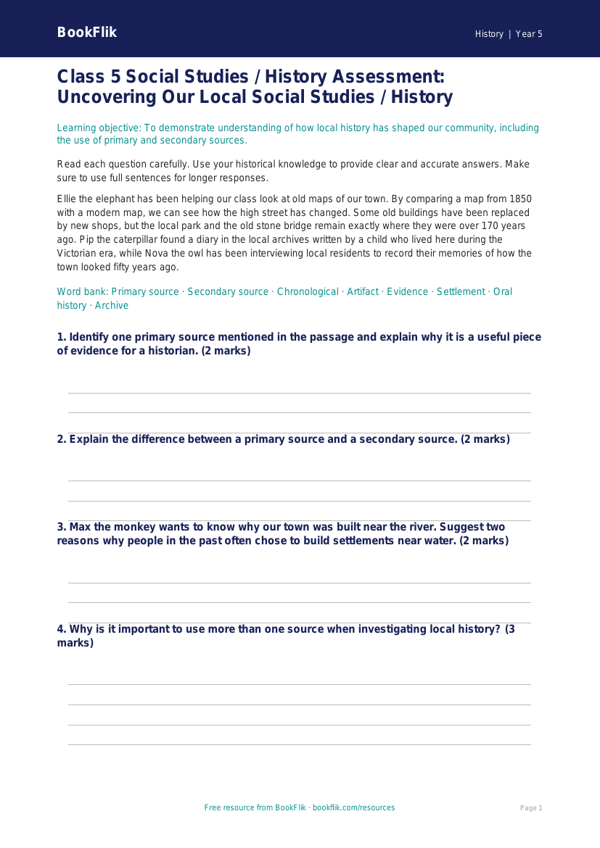 Free Local History Assessment | Class 5 | Social Studies / History | BookFlik worksheet preview — History Local History