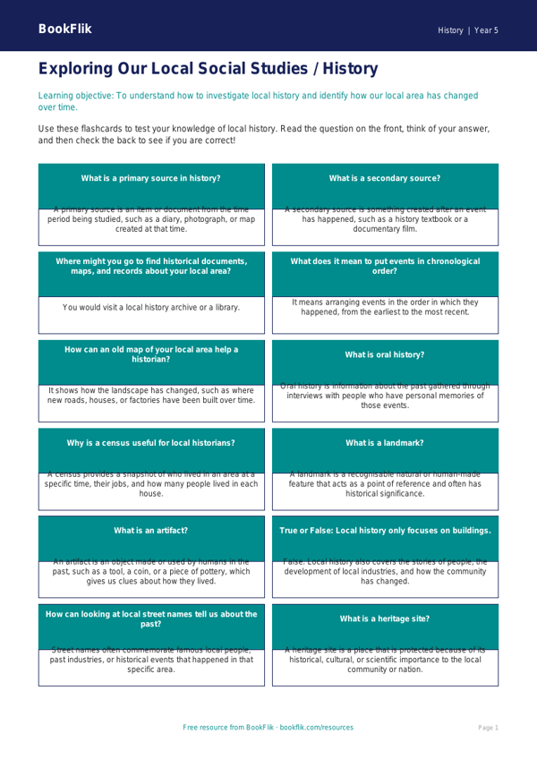 Free Local History Flashcards | Class 5 | Social Studies / History | BookFlik worksheet preview — History Local History