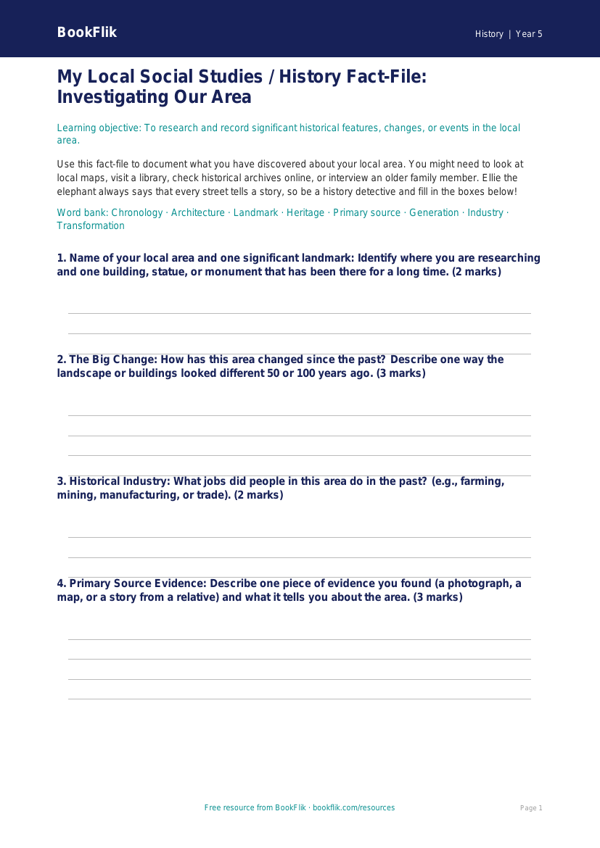 Free Local History Template | Class 5 | Social Studies / History | BookFlik worksheet preview — History Local History