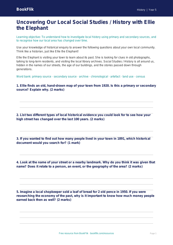 Free Local History Worksheet | Class 5 | Social Studies / History | BookFlik worksheet preview — History Local History