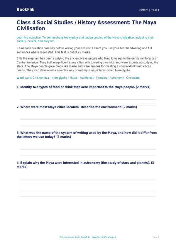Free Maya Civilisation Assessment for Class 4 | Social Studies / History | BookFlik worksheet preview — History Maya Civilisation