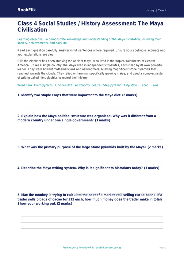 Maya Civilisation Assessment | Class 4 Social Studies | BookFlik worksheet preview — History Maya Civilisation