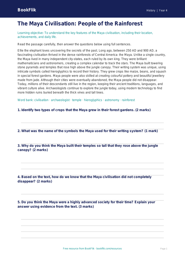 Social Studies / History maya civilisation comprehension class 4 core worksheet preview — History Maya Civilisation