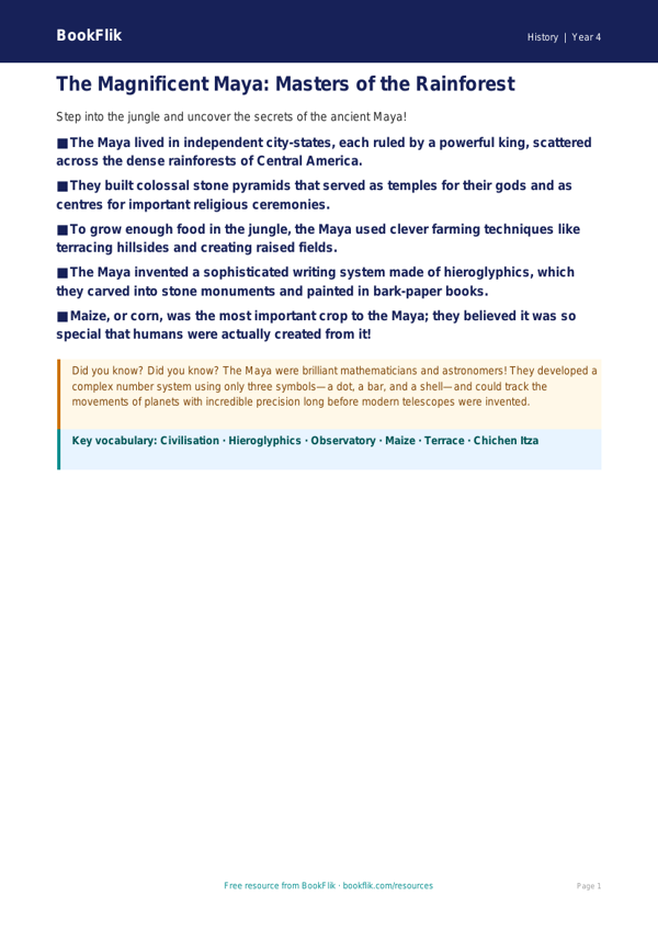 Free Maya Civilisation Poster | Class 4 | Social Studies / History | BookFlik worksheet preview — History Maya Civilisation