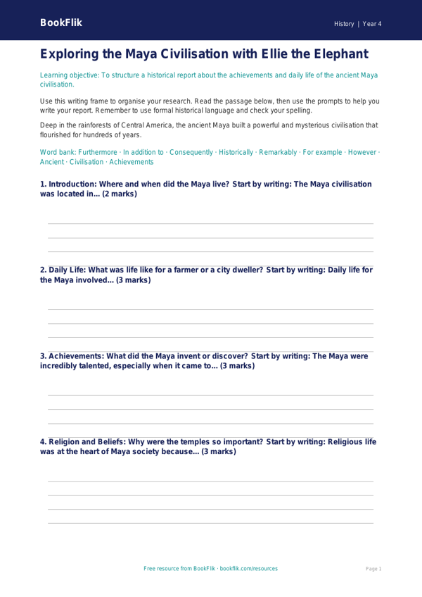 Free Maya Civilisation Writing Frame | Class 4 | Social Studies / History | BookFlik worksheet preview — History Maya Civilisation