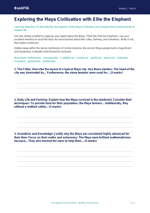 Free Maya Civilisation Writing Frame | Class 4 | Social Studies / History | BookFlik worksheet preview — History Maya Civilisation