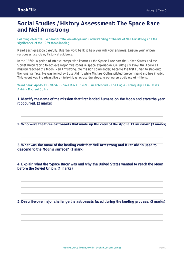Free Neil Armstrong Assessment | Class 5 | Social Studies / History | BookFlik worksheet preview — History Neil Armstrong