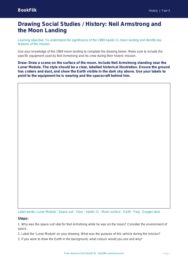 Free Neil Armstrong Drawing Sheet | Class 5 | Social Studies / History | BookFlik worksheet preview — History Neil Armstrong